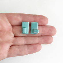 Load image into Gallery viewer, Handmade, 3 dimensional ceramic stud earrings. Rectangle earrings with seafoam coloured glaze.
