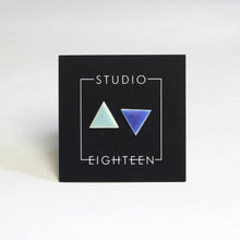 Load image into Gallery viewer, Triangle ceramic stud earrings with seafoam &amp; blue glaze
