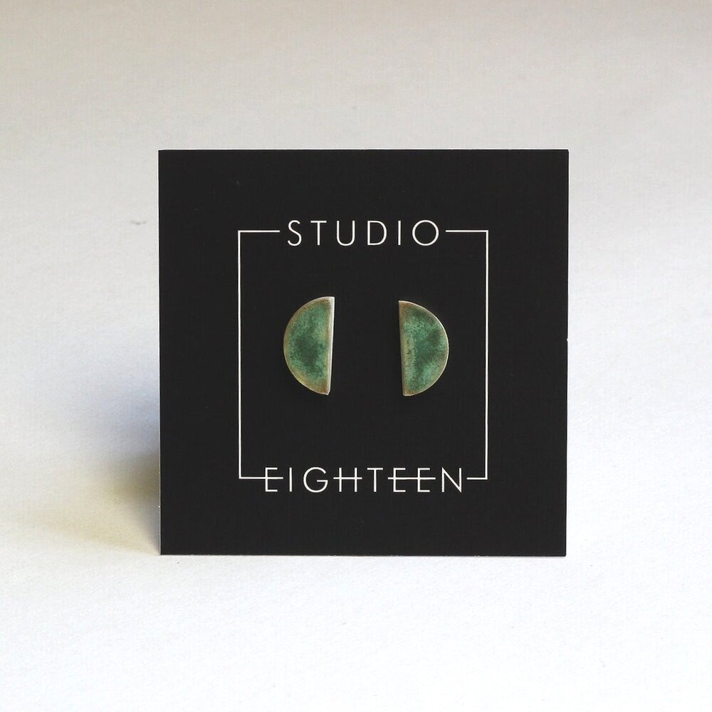 Semi circle ceramic stud earrings with green glaze