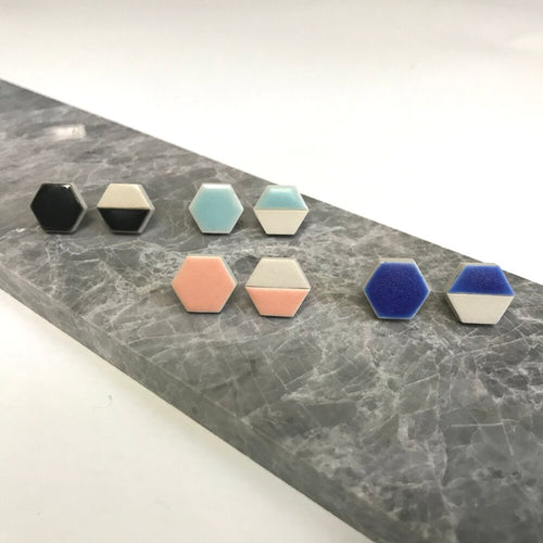 Hexgaon shaped ceramic stud earrings in a variety of colours