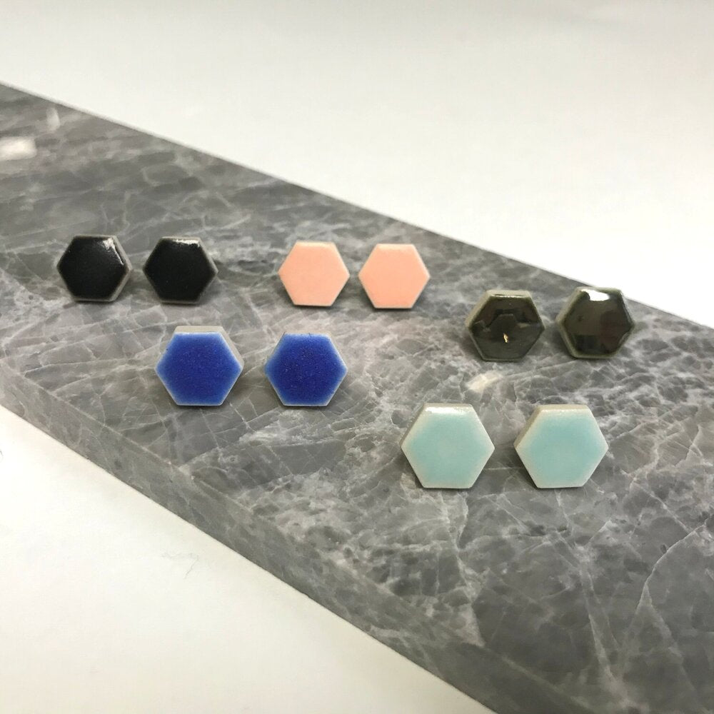 Hexgaon shaped ceramic stud earrings in a variety of colours