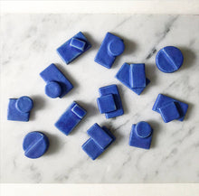 Load image into Gallery viewer, Handmade, 3 dimensional ceramic stud earrings. Geometric shaped earrings in blue jeans coloured glaze.
