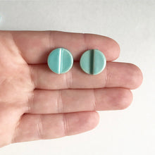 Load image into Gallery viewer, Handmade, 3 dimensional ceramic stud earrings. Circle earrings in seafoam coloured glaze.
