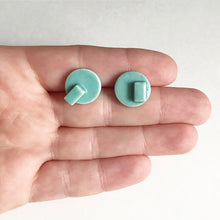 Load image into Gallery viewer, Handmade, 3 dimensional ceramic stud earrings. Circle earrings in seafoam coloured glaze.
