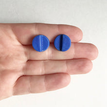 Load image into Gallery viewer, Handmade, 3 dimensional ceramic stud earrings. Circle earrings in blue jeans coloured glaze.
