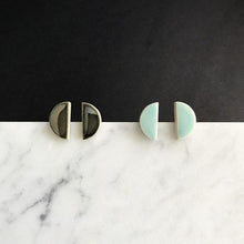 Load image into Gallery viewer, Semi circle ceramic stud earrings with mirror or seafoam glaze
