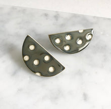 Load image into Gallery viewer, Large semi circle ceramic stud earrings with mirror glaze and polka dot pattern
