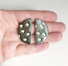Load image into Gallery viewer, Large semi circle ceramic stud earrings with mirror glaze and polka dot pattern
