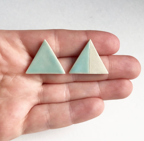 Large triangle ceramic stud earrings with seafoam glaze