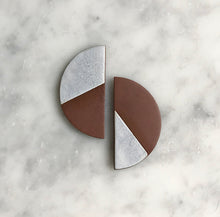 Load image into Gallery viewer, Large semi circle ceramic stud earrings in red clay with white glaze
