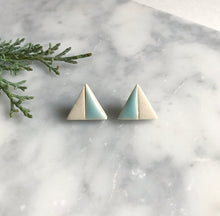 Load image into Gallery viewer, Triangle ceramic stud earrings with seafoam glaze
