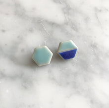 Load image into Gallery viewer, Hexgaon shaped ceramic stud earrings with seafoam &amp; blue glaze
