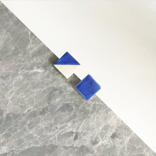 Square ceramic stud earrings with blue glaze