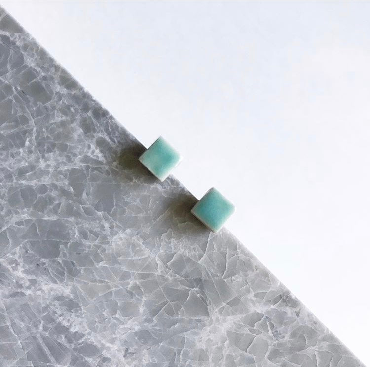 Square ceramic stud earrings with seafoam glaze